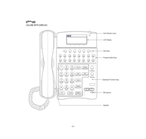 Page 7–3–
Dterm16D
(16-LINEWITHDISPLAY)
Exit
Help
2580OPERTUVJKLABC
36#9DEFMNOWXYZ
147GHIPQRS
Directory
Message
Speaker
Answer
Redial
Recall
Feature
Mic
Conf
Hold
Transfer
Call Indicator Lamp
Soft Keys
Dedicated Function Keys
Microphone
Speaker
LCD Display
Programmable Keys  