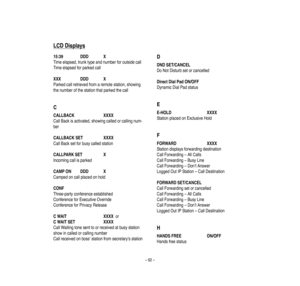 Page 66–62–
LCD
Displays
15:39
DDD
X
Timeelapse
d,trunktypeandnumberforoutsideca
ll
Timeelapsedforparkedcall
XXX
DDD
X
Parkedca
llretrieve
dfrom
aremotestation,sh
owing
thenumberofthestationthatparkedthecall
CCALLBACK
XXXX
CallBack
isactivated,showingcalledorcallingnum-
ber
CALLBACKSET
XXXX
CallBack
setforbusycalledstation
CALLPARKSET
X
Incomingca
llisparked
CAMPON
DDD
X
Campedonca
llplacedonhold
CONF
Three-partyco
nference
established
Conference
forExe
cu
tiveOverride
Conference
forPrivacyRelease
CWAIT
XXXX...