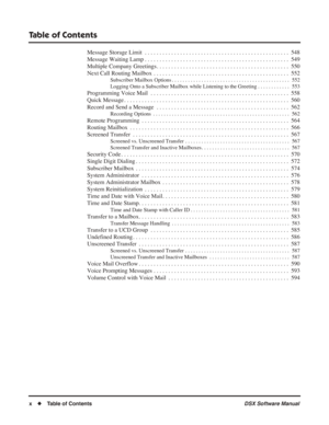 Page 12
Table of Contents
x◆ Table of Contents DSX Software Manual
Message Storage Limit  . . . . . . . . . . . . . . . . . . . . . . . . . . . . . . . . . . . .\
 . . . . . . . . . . . . .  548
Message Waiting Lamp . . . . . . . . . . . . . . . . . . . . . . . . . . . . . . . . . . . . \
. . . . . . . . . . . . .  549
Multiple Company Greetings . . . . . . . . . . . . . . . . . . . . . . . . . . . . . . . . . . . . \
. . . . . . . . .  550
Next Call Routing Mailbox  . . . . . . . . . . . . . . . . . . . . . ....