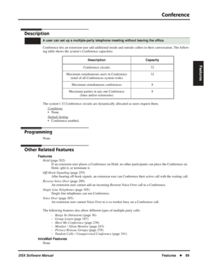 Page 119
Conference
DSX Software ManualFeatures◆89
Features
Conference
Description
Conference lets an extension user add additional inside and outside callers to their conversation. The follow-
ing table shows the system’s Conference capacities:
The system’s 32 Conference circuits are dynamically allocated as users request them\
.
Conditions
• None.
Default Setting
• Conference enabled.
Programming
None
Other Related Features
FeaturesHold  (page 202)
If an extension user places a Conference on Hold, no other...