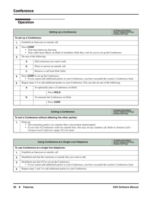 Page 120
Conference
90◆Features DSX Software Manual
Operation
Setting up a ConferenceIn these instructions:[Super Display Soft Key]
[Keyset Soft Key]
To set up a Conference:
1.
Establish an Intercom or outside call.
2.Press CONF.
• Your hear Intercom dial tone.
• Your caller hears Music on Hold (if installed) while they wait for you to set up the Conference.
3.Do one of the following:
a.Dial extension you want to add.
b.Place or answer an outside call.
c.Retrieve a call from Park Orbit.
4.Press CONF to set up...