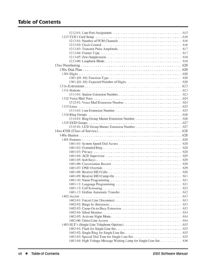 Page 14
Table of Contents
xii◆Table of Contents DSX Software Manual
1212-01: Line Port Assignment  . . . . . . . . . . . . . . . . . . . . . . . . . . . . . . . . . . . .\
 . . . . .  615
1213-T1/E1 Card Setup   . . . . . . . . . . . . . . . . . . . . . . . . . . . . . . . . . . . .\
 . . . . . . . . . . . . . . . .6 16
1213-01: Number of PCM Channels  . . . . . . . . . . . . . . . . . . . . . . . . . . . . . . . . . . . .\
 .  616
1213-02: Clock Control  . . . . . . . . . . . . . . . . . . . . . . . . . . . ....