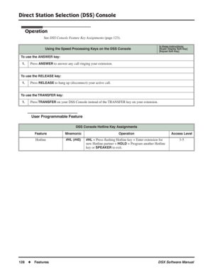 Page 158
Direct Station Selection (DSS) Console
128◆Features DSX Software Manual
Operation
See DSS Console Feature Key Assignments  (page 123).
User Programmable Feature
Using the Speed Processing Keys on the DSS ConsoleIn these instructions:[Super Display Soft Key]
[Keyset Soft Key]
To use the ANSWER key:
1.
Press ANSWER to answer any call ringing your extension.
To use the RELEASE key:1.
Press RELEASE to hang up (disconnect) your active call.
To use the TRANSFER key:1.
Press TRANSFER on your DSS Console...