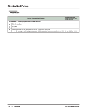 Page 160
Directed Call Pickup
130◆Features DSX Software Manual
Operation
Using Directed Call PickupIn these instructions:[Super Display Soft Key]
[Keyset Soft Key]
To intercept a call ringing a co-worker’s extension:
1.
Lift the handset.
2.Dial * *.
3.Dial the number of the extension whose call you want to intercept.
• To intercept a call ringing an attendant, dial the attendant’s extension number (e.g., 300). Do not dial 0 or 01-04. 