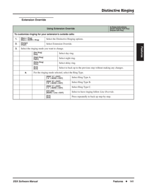 Page 171
Distinctive Ringing
DSX Software ManualFeatures◆141
Features
Extension Override
Using Extension OverrideIn these instructions:[Super Display Soft Key]
[Keyset Soft Key]
To customize ringing for your extension’s outside calls:
1.
[Menu + Ring]
[Menu + MORE + Ring]Select the Distinctive Ringing options.
2.[Assign]
[Asgn]Select Extension Override.
3.Select the ringing mode you want to change.
[Day Ring]
[Day]Select day ring.
[Night Ring]
[Nght]Select night ring.
[Delay Ring]
[Dely]Select delay ring....