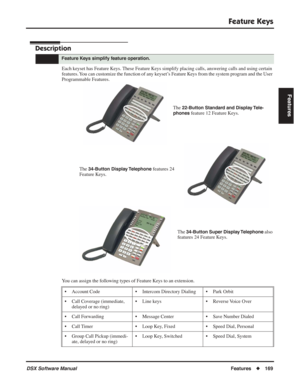 Page 199
Feature Keys
DSX Software ManualFeatures◆169
Features
Feature Keys
Description
Each keyset has Feature Keys. These Feature Keys simplify placing calls, answering calls and using certain 
features. You can customize the function of any keyset’s Feature Keys from the system program and the User 
Programmable Features.
The 
22-Button Standard and Display Tele-
phones
 feature 12 Feature Keys.
The 
34-Button Display Telephone features 24 
Feature Keys.
The 
34-Button Super Display Telephone also 
features...