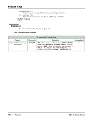 Page 206
Feature Keys
176◆Features DSX Software Manual
Speed Dial (page 315)
An extension can have keys for Personal and System Speed Dial bins.
Voice Mail  (page 372)
An extension can have voice mail Record and Message Center keys.
IntraMail Features None
Operation
See  Extension Feature Key Assignments  (page 170).
User Programmable Feature
Programming Feature Keys
Feature Mnemonic Operation Access Level
Programmable Feature Key  Assignments#KP (#57) #KP + Press key you want to program + HOLD + INTER-
COM
 +...