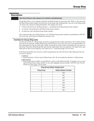 Page 219
Group Ring
DSX Software ManualFeatures◆189
Features
Group Ring
Description
Group Ring allows you to arrange extensions into Ring Groups for answering calls. When a call comes into 
the Ring Group master number, all extensions in the group ring simultaneously. Any user in the Ring Group 
can answer the call just by lifting the handset. The ringing call can be:
❥A Direct Inward Line to the Ring Group (i.e., terminated to the Ring Group master n\
umber).
❥An outside call transferred to the Ring Group...