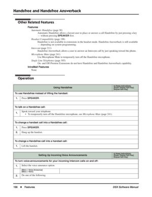 Page 226
Handsfree and Handsfree Answerback
196◆Features DSX Software Manual
Other Related Features
Features
Automatic Handsfree  (page 30)
Automatic Handsfree allows a keyset user to place or answer a call Handsfree by just pressing a key 
— without pressing 
SPEAKER  ﬁ rst.
Headset Compatibility  (page 198)
Handsfree is not available to extensions in the headset mode. Handsfree Answerback is still available 
— depending on system programming.
Intercom  (page 211)
Handsfree Answerback allows a user to answer an...