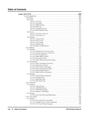 Page 24
Table of Contents
xxii◆Table of Contents DSX Software Manual
Lines: 3101-3715  . . . . . . . . . . . . . . . . . . . . . . . . . . . . . . . . . . . .\
 . . . . . . . . . . . . . . . .  809
31xx-Configuration  . . . . . . . . . . . . . . . . . . . . . . . . . . . . . . . . . . . .\
 . . . . . . . . . . . . . . . .  809310x-Setup  . . . . . . . . . . . . . . . . . . . . . . . . . . . . . . . . . . . .\
 . . . . . . . . . . . . . . . . . . . .  809
3101-Type . . . . . . . . . . . . . . . . . . . . . . . ....