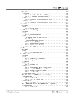 Page 25
Table of Contents
DSX Software ManualTable of Contents◆xxiii
314x-TIE Line  . . . . . . . . . . . . . . . . . . . . . . . . . . . . . . . . . . . .\
 . . . . . . . . . . . . . . . . .  830
3141-Dialing  . . . . . . . . . . . . . . . . . . . . . . . . . . . . . . . . . . . . \
. . . . . . . . . . . . . . . . . . . . .  . . . .830
3141-01: Tie Line Caller’s Outbound Dial 9 Group. . . . . . . . . . . . . . . . . . . . . . . . . .  830
3141-02: Tie Line Caller’s Operator Extension . . . . . . . . . . . . ....