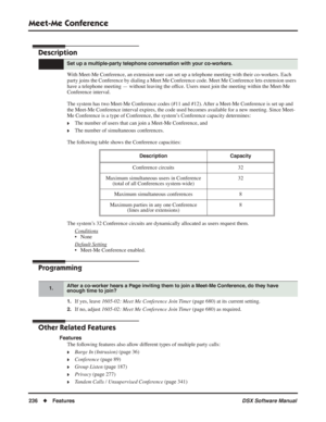 Page 266
Meet-Me Conference
236◆Features DSX Software Manual
Meet-Me Conference
Description
With Meet-Me Conference, an extension user can set up a telephone meeting with their co-workers. Each 
party joins the Conference by dialing a Meet Me Conference code. Meet Me\
 Conference lets extension users 
have a telephone meeting — without leaving the ofﬁce. Users must join the meeting within the Meet-Me 
Conference interval.
The system has two Meet-Me Conference codes (#11 and #12). After a Meet-Me Conference is...