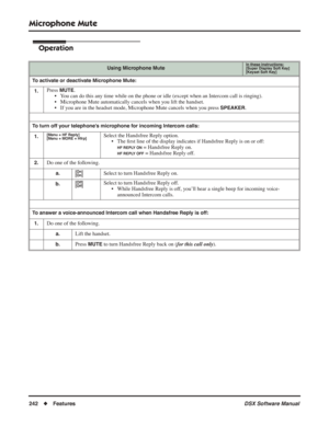 Page 272
Microphone Mute
242◆Features DSX Software Manual
Operation
Using Microphone MuteIn these instructions:[Super Display Soft Key]
[Keyset Soft Key]
To activate or deactivate Microphone Mute:
1.
Press MUTE.
• You can do this any time while on the phone or idle (except when an Intercom call is ringing).
• Microphone Mute automatically cancels when you lift the handset.
• If you are in the headset mode, Microphone Mute cancels when you press 
SPEAKER.
To turn off your telephone’s microphone for incoming...