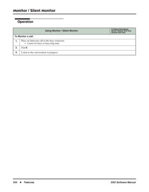 Page 274
Monitor / Silent Monitor
244◆Features DSX Software Manual
Operation
Using Monitor / Silent MonitorIn these instructions:[Super Display Soft Key]
[Keyset Soft Key]
To Monitor a call:
1.
Place an Intercom call to the busy extension. • Listen for busy or busy/ring tone.
2.Dial 6.
3.Listen to the conversation in progress. 