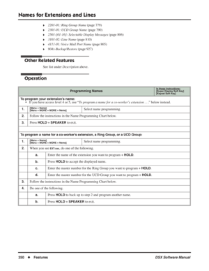 Page 280
Names for Extensions and Lines
250◆Features DSX Software Manual
❥2201-01: Ring Group Name (page 779)
❥2301-01: UCD Group Name  (page 790)
❥2501-[01-16]: Selectable Display Messages  (page 806)
❥3101-02: Line Name (page 810)
❥4111-01: Voice Mail Port Name  (page 865)
❥904x-Backup/Restore (page 927)
Other Related Features
See list under Description above.
Operation
Programming NamesIn these instructions:[Super Display Soft Key]
[Keyset Soft Key]
To program your extension’s name:• If you have access level...