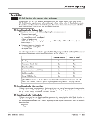 Page 285
Off-Hook Signaling
DSX Software ManualFeatures◆255
Features
Off-Hook Signaling
Description
When a user is busy on a call, Off-Hook Signaling indicates that another caller is trying to get through.\
 
Off-Hook Signaling helps important callers get through, without waiting in line for the called extension to 
become free. After the user hears the off-hook signal, they can use other system features (such as Hold or 
Park) to process their active call and then answer the waiting call.
Off-Hook Signaling for...