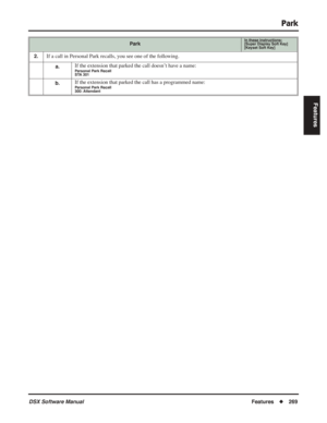 Page 299
Park
DSX Software ManualFeatures◆269
Features
2.If a call in Personal Park recalls, you see one of the following.
a.If the extension that parked the call doesn’t have a name:Personal Park Recall
STA 301
b.If the extension that parked the call has a programmed name:Personal Park Recall
300: Attendant
ParkIn these instructions:[Super Display Soft Key]
[Keyset Soft Key] 