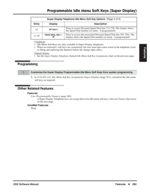 Page 313
Programmable Idle Menu Soft Keys (Super Display)
DSX Software ManualFeatures◆283
Features
Conditions
• Idle Menu Soft Keys are only available at Super Display telephones.
• When an extension’s soft keys are customized, the user must take some action at the telephone (such 
as lifting and replacing the handset) before the change takes effect.
Default Setting
• See the  Super Display Telephone Default Idle Menu Soft Key Assignments  chart on the previous page.
Programming
1.In 2124-[01-12]: Idle Menu Soft...