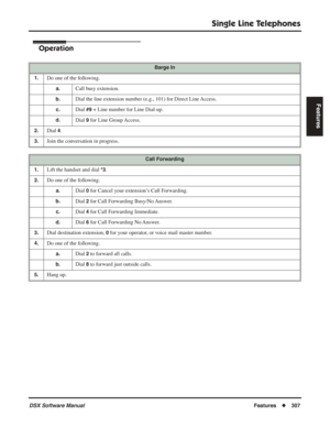 Page 337
Single Line Telephones
DSX Software ManualFeatures◆307
Features
Operation
Barge In
1.
Do one of the following.
a.Call busy extension.
b.Dial the line extension number (e.g., 101) for Direct Line Access.
c.Dial #9 + Line number for Line Dial-up.
d.Dial 9 for Line Group Access.
2.Dial 4.
3.Join the conversation in progress.
Call Forwarding
1.
Lift the handset and dial *3.
2.Do one of the following.
a.Dial 0 for Cancel your extension’s Call Forwarding.
b.Dial 2 for Call Forwarding Busy/No Answer.
c.Dial 4...