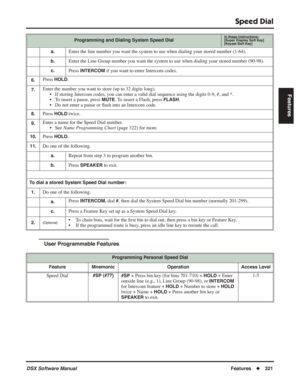 Page 351
Speed Dial
DSX Software ManualFeatures◆321
Features
User Programmable Features
a.Enter the line number you want the system to use when dialing your stored number (1-64).
b.Enter the Line Group number you want the system to use when dialing your stored number (90-98).
c.Press INTERCOM if you want to enter Intercom codes.
6.Press HOLD.
7.Enter the number you want to store (up to 32 digits long).
• If storing Intercom codes, you can enter a valid dial sequence using the digits 0-9, #, and *.
• To insert a...