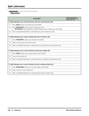 Page 354
Split (Alternate)
324◆Features DSX Software Manual
Operation
Using SplitIn these instructions:[Super Display Soft Key]
[Keyset Soft Key]
To Split between your current Intercom call and a new Intercom call:
1.
Press HOLD to place your Intercom call on Hold.
2.Press INTERCOM to answer your new Intercom call.
•
INTERCOM winks off (green) to indicate that you have an Intercom call on Hold.
3.Press your Split Feature Key to switch between your two Intercom calls.
To Split between your current outside call...