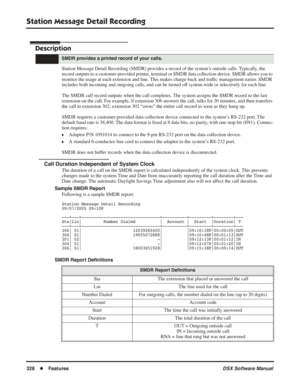 Page 358
Station Message Detail Recording
328◆Features DSX Software Manual
Station Message Detail Recording
Description
Station Message Detail Recording (SMDR) provides a record of the system’s outside calls. Typically, the 
record outputs to a customer-provided printer, terminal or SMDR data collection device. SMDR allows you to 
monitor the usage at each extension and line. This makes charge-back and trafﬁc management easier. SMDR 
includes both incoming and outgoing calls, and can be turned off system-wide or...