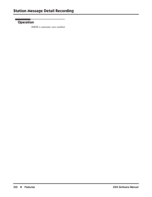 Page 362
Station Message Detail Recording
332◆Features DSX Software Manual
Operation
SMDR is automatic once enabled. 