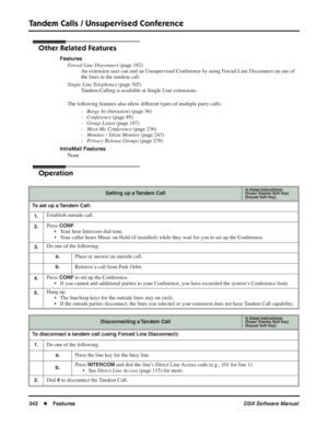 Page 372
Tandem Calls / Unsupervised Conference
342◆Features DSX Software Manual
Other Related Features
Features
Forced Line Disconnect  (page 182)
An extension user can end an Unsupervised Conference by using Forced Line Disconnect on one of 
the lines in the tandem call.
Single Line Telephones  (page 305)
Tandem Calling is available at Single Line extensions.
The following features also allow different types of multiple party calls: -Barge In (Intrusion)  (page 36)
- Conference  (page 89)
- Group Listen  (page...