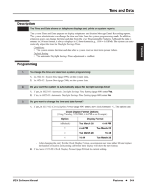 Page 379
Time and Date
DSX Software ManualFeatures◆349
Features
Time and Date
Description
The system Time and Date appears on display telephones and Station Message Detail Re\
cording reports. 
The system administrator can change the time and date from the system pr\
ogramming mode. In addition, 
extension users can change the time and date from the User Programmable F\
eatures. Although the data is 
entered in 24-hour format, it always displays in 12-hour format (e.g., 1300 = 1:00PM). The system can auto-...