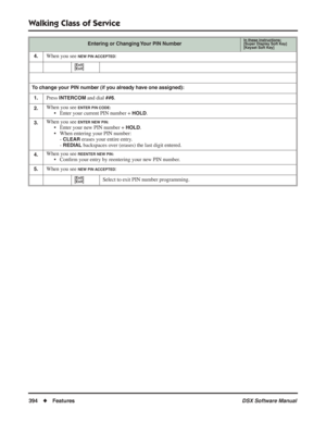 Page 424
Walking Class of Service
394◆Features DSX Software Manual
4.When you see NEW PIN ACCEPTED:
[Exit]
[Exit]
To change your PIN number (if you already have one assigned):
1.
Press INTERCOM and dial ##6.
2.When you see ENTER PIN CODE: 
• Enter your current PIN number + HOLD.
3.When you see ENTER NEW PIN:
• Enter your new PIN number + HOLD.
• When entering your PIN number: - 
CLEAR erases your entire entry.
- 
REDIAL backspaces over (erases) the last digit entered.
4.When you see REENTER NEW PIN:
• Con ﬁrm...