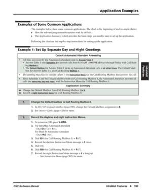 Page 429
Application Examples
DSX Software ManualIntraMail Features◆399
IntraMail 
Features
Application Examples
Examples of Some Common Applications
The examples below show some common applications. The chart in the beginning of each example shows:
❥How the relevant programmable options work by default.
❥The  Application Summary , which provides the basic steps you need to take to set up the application.
Following the chart are the step-by-step instructions for setting up the appl\
ication.
Example 1: Set Up...