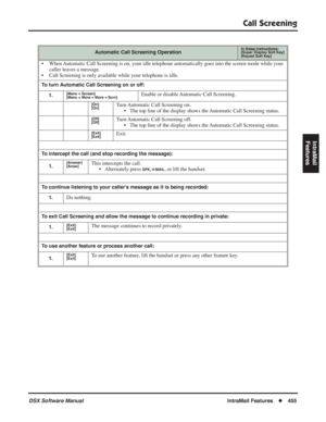 Page 485
Call Screening
DSX Software ManualIntraMail Features◆455
IntraMail 
Features
Automatic Call Screening OperationIn these instructions:[Super Display Soft Key]
[Keyset Soft Key]
• When Automatic Call Screening is on, your idle telephone automatically goes i\
nto the screen mode while your  caller leaves a message.
• Call Screening is only available while your telephone is idle.
To turn Automatic Call Screening on or off:
1.
[Menu + Screen]
[Menu + More + More + Scrn]Enable or disable Automatic Call...