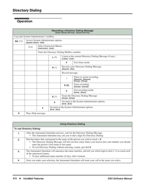 Page 502
Directory Dialing
472◆IntraMail Features DSX Software Manual
Operation
Recording a Directory Dialing Message[Super Display Soft Key] - [Keyset Soft Key]
Log onto System Administrator’s mailbox.
SA (72)Access System Administrator options. [System Admin] - [N/A]
I (4) Select Instruction Menus.[Instruction] - [Instr]
Enter the Directory Dialing Mailbox number.
L (5)Listen to the current Directory Dialing Message (if any).[Listen] - [Lstn]
#Exit listen mode.
R (7) Record a new Directory Dialing...