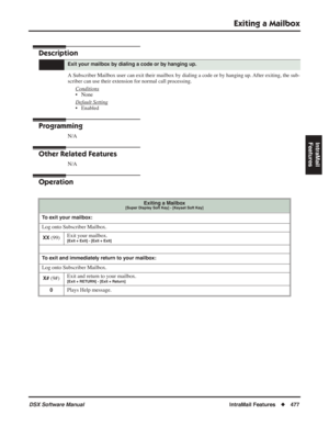 Page 507
Exiting a Mailbox
DSX Software ManualIntraMail Features◆477
IntraMail 
Features
Exiting a Mailbox
Description
A Subscriber Mailbox user can exit their mailbox by dialing a code or by hanging up. After exiting, the sub-
scriber can use their extension for normal call processing.
Conditions
• None
Default Setting
• Enabled
Programming
N/A
Other Related Features
N/A
Operation
Exit your mailbox by dialing a code or by hanging up.
Exiting a Mailbox[Super Display Soft Key] - [Keyset Soft Key]
To exit your...