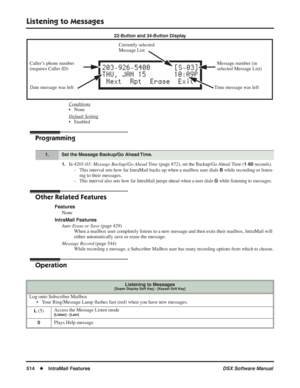 Page 544
Listening to Messages
514◆IntraMail Features DSX Software Manual
22-Button and 34-Button Display
Conditions
• None
Default Setting
• Enabled
Programming
1.In 4201-03: Message Backup/Go Ahead Time (page 872), set the Backup/Go Ahead Time (1-60 seconds).
- This interval sets how far IntraMail backs up when a mailbox user dials B while recording or listen-
ing to their messages.
-
This interval also sets how far IntraMail jumps ahead when a user dials G while listening to messages.
Other Related Features...