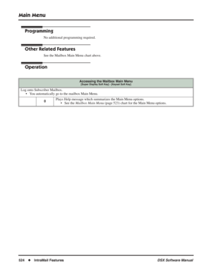 Page 554
Main Menu
524◆IntraMail Features DSX Software Manual
Programming
No additional programming required.
Other Related Features
See the Mailbox Main Menu chart above.
Operation
Accessing the Mailbox Main Menu[Super Display Soft Key] - [Keyset Soft Key]
Log onto Subscriber Mailbox.
• You automatically go to the mailbox Main Menu.
0Plays Help message which summarizes the Main Menu options.• See the  Mailbox Main Menu  (page 523) chart for the Main Menu options. 