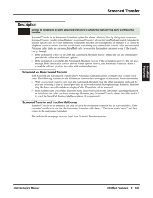 Page 597
Screened Transfer
DSX Software ManualIntraMail Features◆567
IntraMail 
Features
Screened Transfer
Description
Screened Transfer is an Automated Attendant option that allows callers to directly dial system extensions. 
Screened Transfer (and its related feature Unscreened Transfer) allows the IntraMail Automated Attendant to 
transfer outside calls to system extensions without the need for a live receptionist or operator. It is similar to 
telephone system screened transfers in which the transferring...
