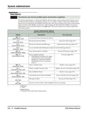 Page 606
System Administrator
576◆IntraMail Features DSX Software Manual
System Administrator
Description
The System Administrator is a Subscriber Mailbox that has unique system administrat\
ion features such as 
recording Instruction Menus and deleting messages in a co-worker’s mailbox. The System Administrator 
features are an essential part of IntraMail setup since they allow the recording of the system-wide messages 
and provide Subscriber Mailbox maintenance. After logging onto their Subscriber Mailbox, the...