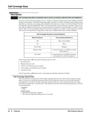 Page 70
Call Coverage Keys
40◆Features DSX Software Manual
Call Coverage Keys
Description
A keyset can have Call Coverage Keys for a co-worker’s extensions, Ring Group master numbers and UCD 
Group master numbers. The Call Coverage Key lights when the co-worker’s extension is busy,  ﬂashes slowly 
when the co-worker has an incoming call, and  ﬂashes fast when the co-worker is in Do Not Disturb. The Call 
Coverage Key can ring immediately when a call comes into the covered extension, ring after a delay or not...