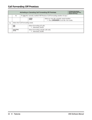 Page 84
Call Forwarding Off Premises
54◆Features DSX Software Manual
c.To  view the currently enabled Off Premises Call Forwarding number (if any):
[VIEW]
[View]Select to view the currently stored number.
• Press 
SPEAKER to exit the view mode.
4.Select the Call Forwarding mode.
[All]
[All]Select forwarding all calls.• Alternately dial 
2.
[Line Only]
[Line]Select forwarding outside calls only.• Alternately dial 
8.
Activating or Canceling Call Forwarding Off PremisesIn these instructions:[Super Display Soft...