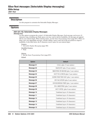 Page 836
25xx-Text Messages (Selectable Display Messaging)
250x-Setup
2501-Text
806◆Station Options: 2101-2501 DSX Software Manual
25xx-Text Messages (Selectable Display Messaging)
250x-Setup 2501-Text
Description
Use this program to customize the Selectable Display Messages.
Options
2501-[01-16]: Selectable Display Messages
(Message Text)
Use this option to program the system’s 16 Selectable Display Messages. Each message can be up to 18 
characters long, including any blank spaces you may want to add for...