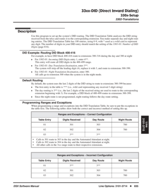 Page 865
33xx-DID (Direct Inward Dialing)
330x-Setup
3302-Translations
DSX Software ManualLine Options: 3101-3714◆835
Line
3101-3715
3302-Translations
Description
Use this program to set up the system’s DID routing. The DID Translation Table analyzes the DID string 
received from the telco and routes it to the corresponding extension. You make separate day and night rout-
ing entries. The DID Translation Table has 100 entries, using 0-9, with * used as a wild card to represent\
 
any digit. The number of digits...