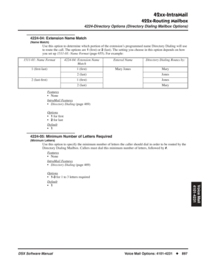 Page 927
42xx-IntraMail
422x-Routing Mailbox
4224-Directory Options (Directory Dialing Mailbox Options)
DSX Software ManualVoice Mail Options: 4101-4231◆897
Voice Mail
4101-4231
4224-04: Extension Name Match
(Name Match)
Use this option to determine which portion of the extension’s programmed name Directory Dialing will use 
to route the call. The options are 
1 ( ﬁrst) or 2 (last). The setting you choose in this option depends on how 
you set up  1511-01: Name Format  (page 655). For example:
F
eatures
• None...