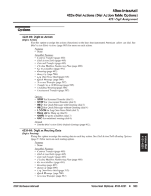 Page 933
42xx-IntraMail
423x-Dial Actions (Dial Action Table Options)
4231-Digit Assignment
DSX Software ManualVoice Mail Options: 4101-4231◆903
Voice Mail
4101-4231
Options
4231-01: Digit xx Action
(Digit x Action)
Use this option to assign the actions (functions) to the keys that Automated Attendant callers can dial. See 
Dial Action Table Actions  (page 905) for more on each action.
F
eatures
• None
Intr
aMail Features
• Centrex Transfer  (page 460)
• Dial Action Table  (page 465)
• External Transfer  (page...