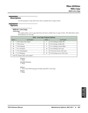 Page 953
90xx-Utilities
902x-Copy
9022-Line Copy
DSX Software ManualMaintenance Options: 9001-9211◆923
Maintenance
9001-9032
9022-Line Copy
Description
Use this program to copy data from a line to another line or range of lines.
Options
9022-01: Line Copy
(Line Copy)
This option allows you to copy data from one line to another line or range of lines. The table below shows 
the programs you can copy.
F
eatures
• None
Intr
aMail Features
• None
Options
• Turn to the following page for help using 9022: Line Copy....