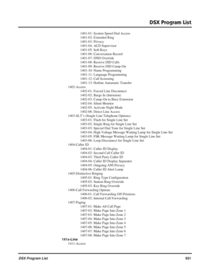 Page 961
DSX Program List
DSX Program List931
1401-01: System Speed Dial Access
1401-02: Extended Ring
1401-03: Privacy
1401-04: ACD Supervisor
1401-05: Soft Keys
1401-06: Conversation Record
1401-07: DND Override
1401-08: Receive DID Calls
1401-09: Receive DID Camp-On
1401-10: Name Programming
1401-11: Language Programming
1401-12: Call Screening
1401-13: Hotline Automatic Transfer
1402-Access 1402-01: Forced Line Disconnect
1402-02: Barge In (Intrusion)
1402-03: Camp-On to Busy Extension
1402-04: Silent...