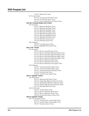 Page 964
DSX Program List
934DSX Program List
1612-07: Shunt Pause Timer
1613-Loop Control 1613-01: Loop Current Detection Timer
1613-02: Far End Disconnect Timer
1613-03: Power Failure Recovery Detect Timer
162x-SLI (Analog Single Line) Timers 1621-Incoming 1621-01: Minimum DP Break Timer
1621-02: Maximum DP Break Timer
1621-03: Minimum DP Make Timer
1621-04: Maximum DP Make Timer
1621-05: Minimum Hookflash Timer
1621-06: Maximum Hookflash Timer
1621-07: Minimum Off Hook Timer
1621-08: Dial Pulse Guard Timer...