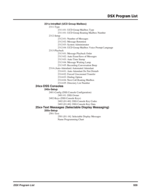 Page 969
DSX Program List
DSX Program List939
231x-IntraMail (UCD Group Mailbox)
2311-Type 2311-01: UCD Group Mailbox Type
2311-01: UCD Group Routing Mailbox Number
2312-Setup 2312-01: Number of Messages
2312-02: Message Retention
2312-03: System Administrator
2312-04: UCD Group Mailbox Voice Prompt Language
2313-Playback 2313-01: Message Playback Order
2313-02: Auto Erase/Save of Messages
2313-03: Auto Time Stamp
2313-04: Message Waiting Lamp
2313-05: Recording Conversation Beep
2314-(Auto-Attendant) Automated...