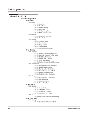 Page 970
DSX Program List
940DSX Program List
Lines: 3101-3715
31xx-Configuration
310x-Setup
3101-Type 3101-01: Line Type
3101-02: Line Name
3101-03: DTMF Dialing
3101-04: PBX Line
3101-05: E1 Signaling Type
3101-06: MFC Signaling Type
3102-Access 3102-01: Line Class of Service
3102-02: Line Toll Level
3103-Settings 3103-01: Transmit Gain
3103-02: Receive Gain
3103-03: Loop Length
3103-04: Tandem Calls
3103-05: Music On Hold Source
311x-Options 3111-Features 3111-01: Disable Forced Account Codes
3111-02:...