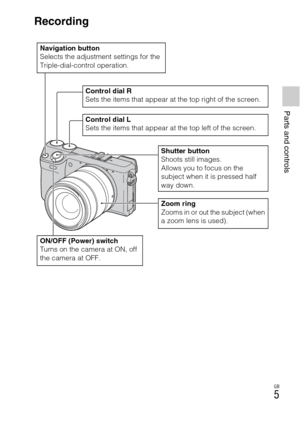 Page 5Parts and controls
GB
5
Recording
Navigation button
Selects the adjustment settings for the 
Triple-dial-control operation.
Control dial R
Sets the items that appear at the top right of the screen.
Control dial L
Sets the items that appear at the top left of the screen.
Shutter button
Shoots still images.
Allows you to focus on the 
subject when it is pressed half 
way down.
Zoom ring
Zooms in or out the subject (when 
a zoom lens is used).
ON/OFF (Power) switch
Turns on the camera at ON, off 
the camera...